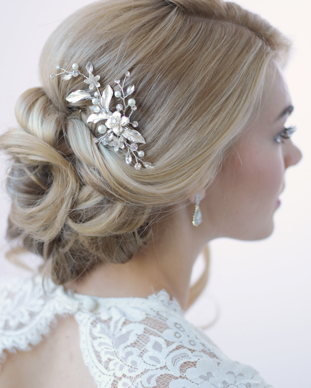 Silver Petite Pearl & Floral Wedding Day Hair Clip