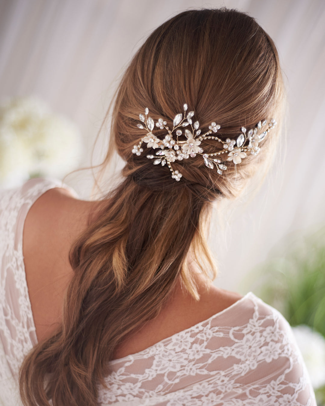 Gold Pearl & Crystal Wedding Day Hair