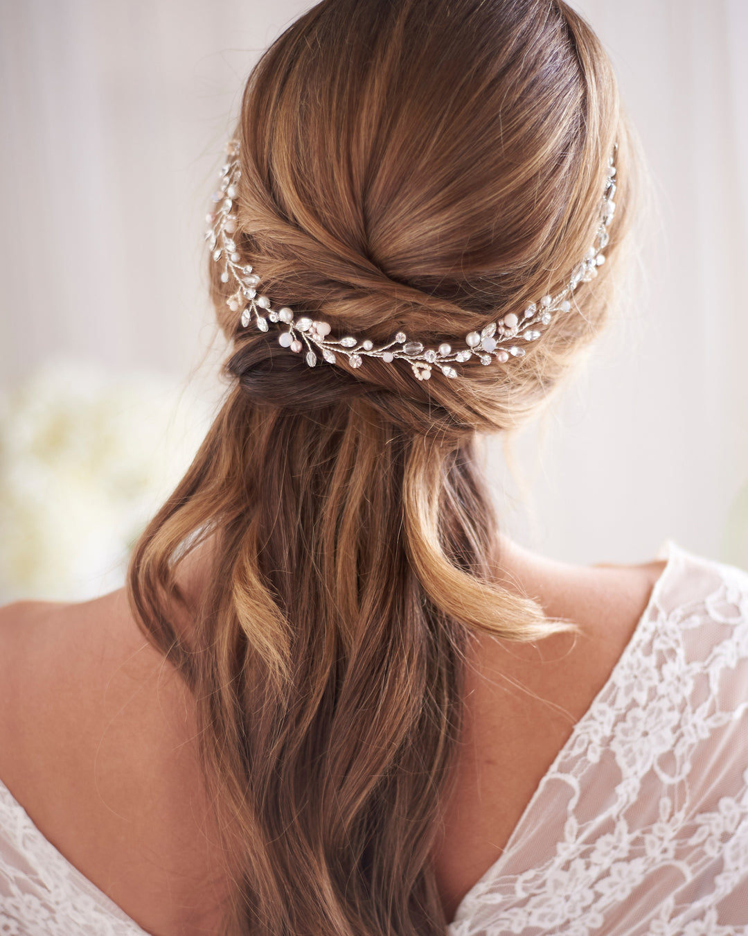 Silver Pearl Crystal & Opal Wedding Hair Vine