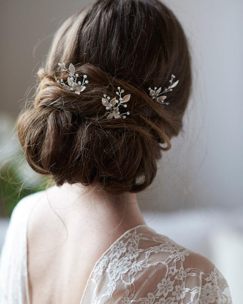 Dareth Colburn - Delicate Leaf Hair Pins (Set of 3) Beaded bridal hairpin set - Dainty beaded fern leaf hair pin  main image 4