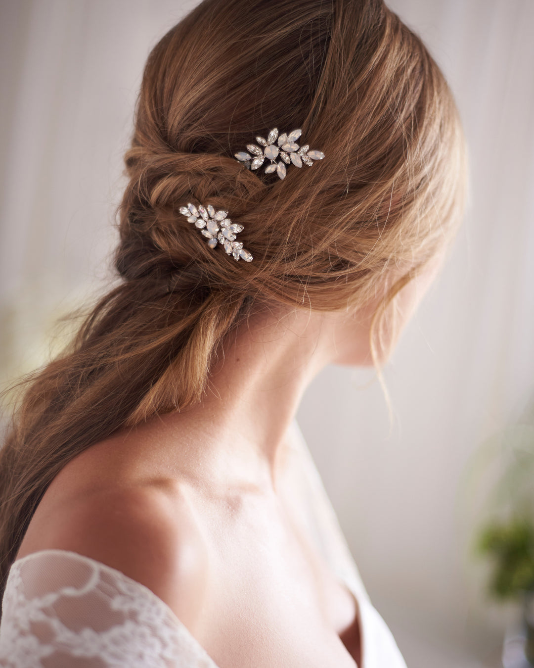 Silver Opal & Crystal Bridal Hair Pins