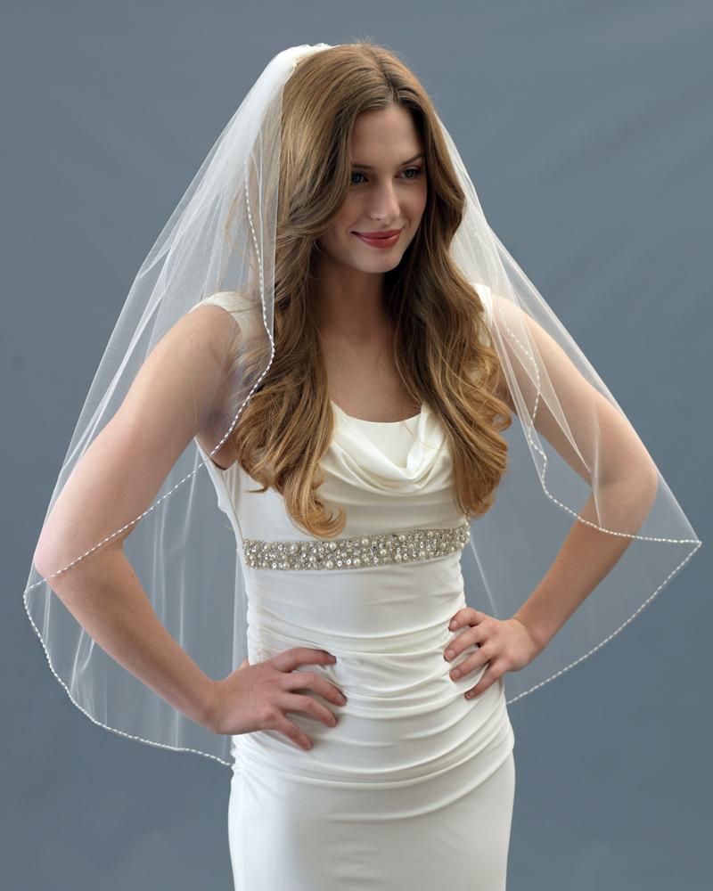 Erma Simple Pearl Edge Wedding Veil - Shop Bridal Veils | Dareth Colburn Fingertip - 36 Inches / Ivory