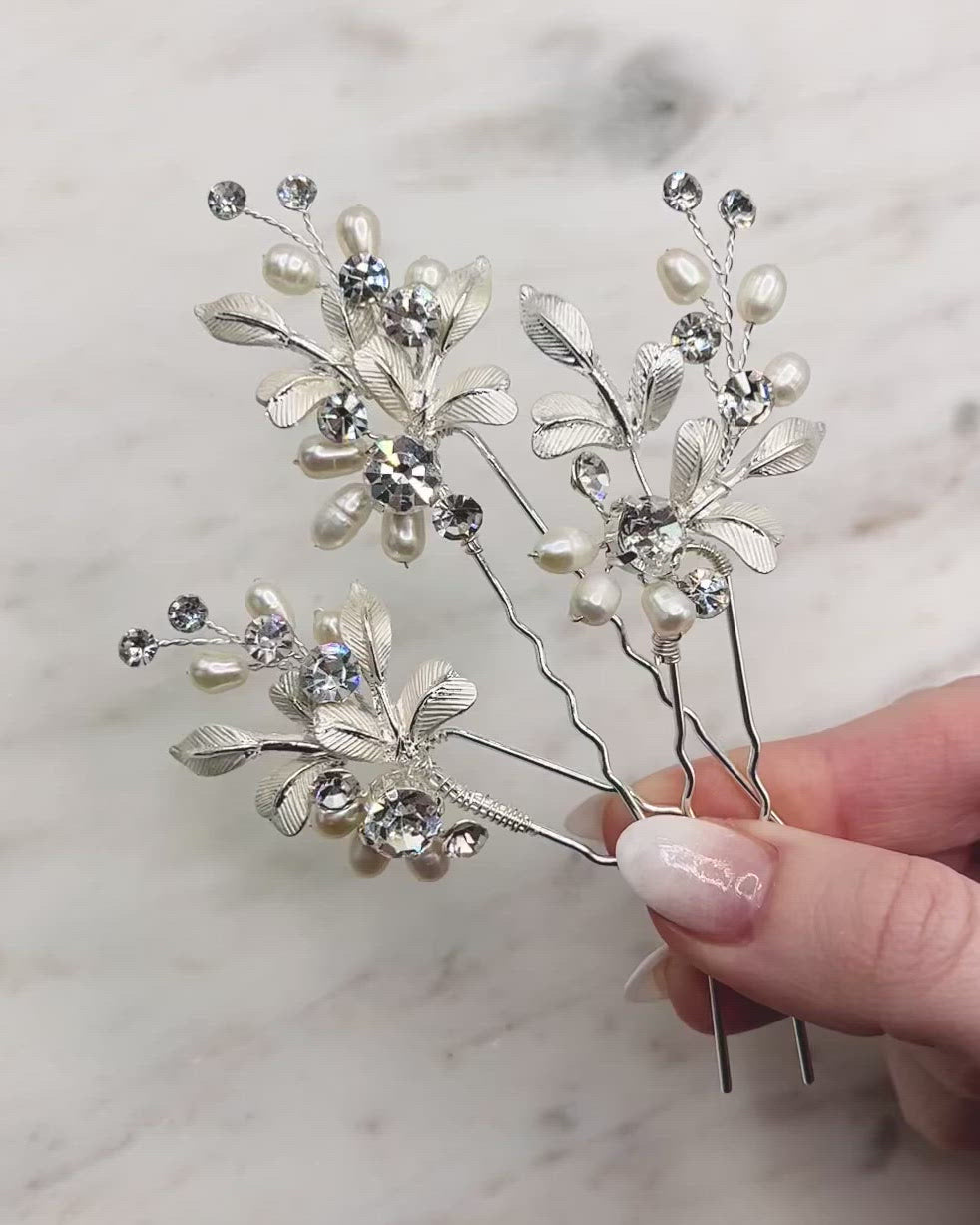 Freshwater Pearl & Crystal Hair Pins (Set of 3)